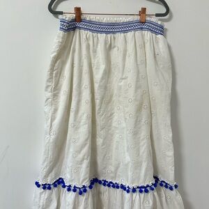 J. Crew White Midi Skirt with Blue Accents eyelet‎ cotton lined large *stain*